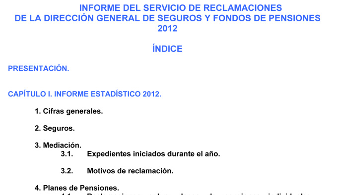 Informe Anual 2012 del Servicio de Reclamaciones de la DGSFP